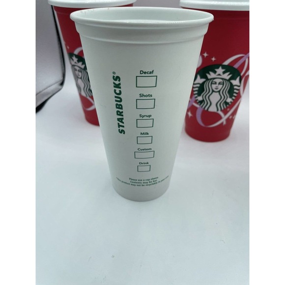 5 Starbucks Christmas Holiday Red White16 Oz. Recycled Travel Cups Mugs w 3 Lids - Picture 6 of 8